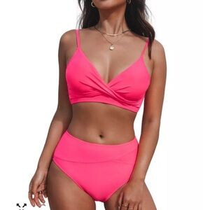 Cupshe Hot Pink Twist Front High Waist Bikini